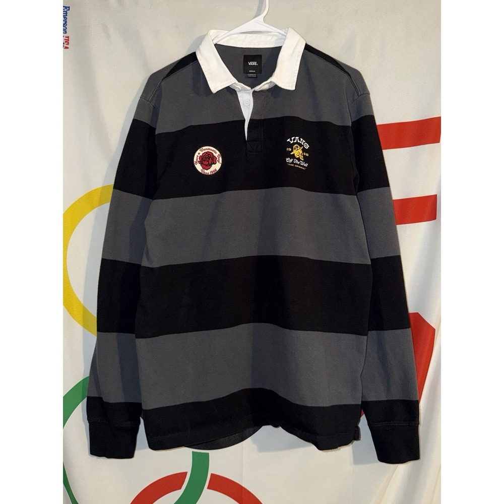 Vans Rugby Polo Shirt Medium Gray Black Striped Long Sleeve Rose Skeleton